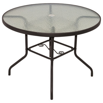Rio Brands Sienna Metal Round Patio Glass Top Table, Brown, 40-Inch