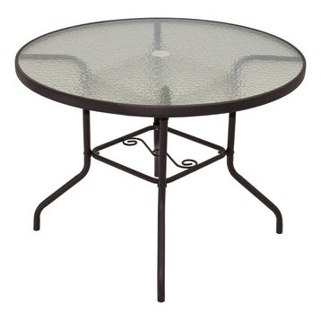 Rio Brands Sienna Metal Round Patio Glass Top Table, Brown, 40-Inch