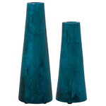 Uttermost - Uttermost Mambo Blue Vases, Set of 2 - Set Of Two Vases Are Made From Solid Tamarind Wood And Are Finished In A Deep Blue Glaze That Accentuates The Natural Wood Grain. Variations In The Grain Are Natural To This Type Of Wood. Sizes: S-5x12x5, L-5x16x5.