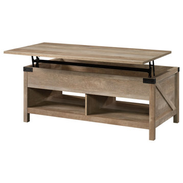 Farmhouse Coffee Table, Rectangular Lift Top and Lower Open Shelves, Lintel Oak