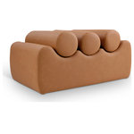 Meridian Furniture - Rumble Upholstered Bench, Cognac, 32" W x 22" D x 16.5" H, Vegan Leather - Discover the Rumble cognac vegan leather bench, featuring a sleek, soft feel that adds a touch of contemporary elegance to any room. This stylish bench offers three removable bolster pillow seats for enhanced comfort and versatility. Its modern design seamlessly blends with various decor styles, making it a versatile choice for your entryway, living room, or bedroom.