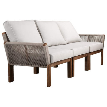 Outdoor Sofa, Slatted Acacia Wood Frame With Woven Accents, Natural/White