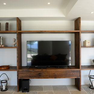 Inspiration pour une grande salle de cinéma traditionnelle ouverte avec un mur blanc, un sol en carreau de terre cuite et un sol gris.