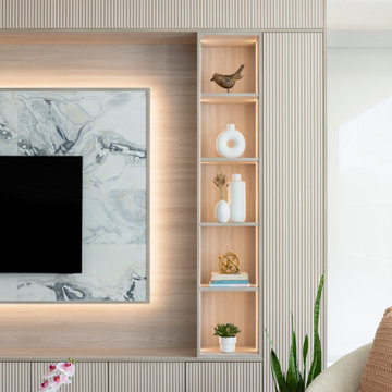 Fluted Millwork Media Wall with Integrated Lighting | Renew Residence