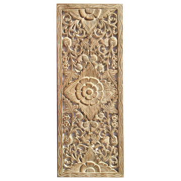Large Lotus Floral Wood Carved Wall Panel, Tropical, 13.5"x35.5", White Wash