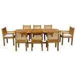 Chic Teak - 9-Piece Semi Rectangular Teak Wood Elzas Table/Chair Set With Cushions - This exclusive 9 piece outdoor teak furniture set offers a unique table's design. It makes it both a functional piece of furniture and a true work of art. The table's semi-oval shape evokes a Colonial feel that meshes well with the natural beauty of the teak wood. This table will become not only a natural setting for fellowship and conversation but also a conversation piece in and of itself.