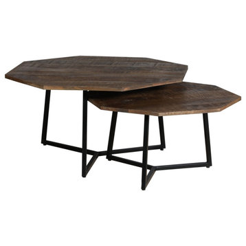 35, 28" 2-Piece Nesting Coffee Table Set, Octagon Top, Mango Wood, Brown & Black