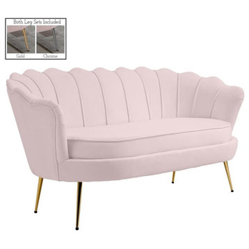 Pemberly Row Contemporary Velvet Loveseat with Chrome Legs in Pink