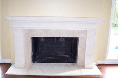 Family room - mid-sized traditional medium tone wood floor family room idea in Detroit with a standard fireplace, a stone fireplace and yellow walls