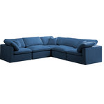 Meridian Furniture - Plush Velvet / Down Standard Comfort L-Shaped Modular Sectional, Navy, 5-Piece: 2 Armless Chair, 3 Corner Chair - No matter how big or little the size of your gang, they can all find their sweet spot when you choose pieces from the Plush collection to build your ideal seating group. Choose this five-piece set or pair multiple pieces together to get the custom look everyone will love. The soft navy velvet material is soft and welcoming to the touch, and the set's cushions are overstuffed with a down and feather blend to provide ample support for tired bodies.
