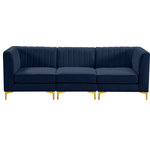 Meridian Furniture - Alina Velvet Upholstered 3-Piece Modular Sofa, Navy - Bring modern beauty to your space with the addition of this Alina Velvet Modular Sofa. This beautiful sofa features deep channel tufting to ramp up its visual interest and add to its resilient demeanor. Its soft navy velvet upholstery blends nicely with existing elements in your room and is sleek to the touch, making this seat a super comfortable one. Part of the modular Alina collection, this sofa has a latch that attaches it to other pieces to create your custom seating arrangement.