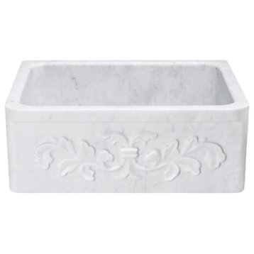24" Farmhouse Kitchen Sink, Floral Carving Front, Carrara Marble