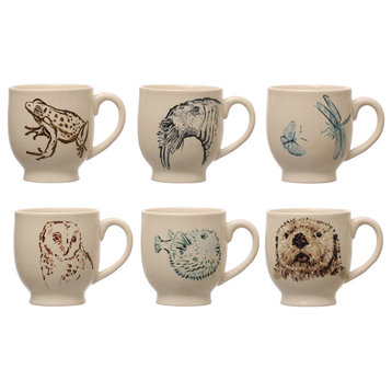 5 Inches Round Stoneware Mug With Animal Print Designs, Cream, Set of 6