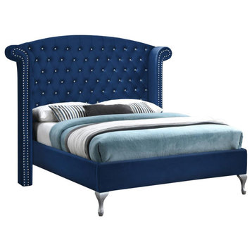 Better Home Products Cleopatra Crystal Tufted Velvet Platform Queen Bed in Blue