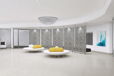 Example of a large minimalist ceramic tile double front door design in Other with white walls and a metal front door