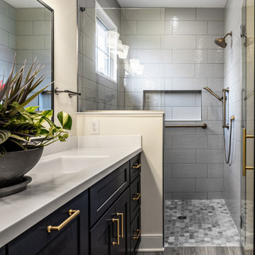Transitional Primary Bathroom Remodel | Navy Vanity & Walk-In Shower