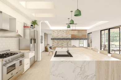 Large contemporary galley open plan kitchen in Sydney with white cabinets, marble benchtops, white splashback, subway tile splashback, with island and white benchtop.