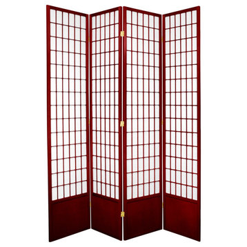 Modern Room Divider, Brass Hinged Rice Paper Panels With Windowpane Pattern, Red