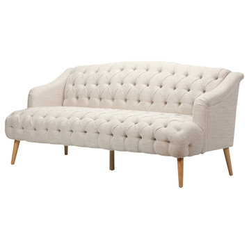 Erin Contemporary Tufted Fabric 3 Seater Sofa, Beige/Natural Finish