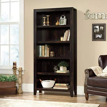 Rustic Tall Bookcase, 3 Adjustable Shelves & 2 Fixed Shelves, Char Pine Finish
