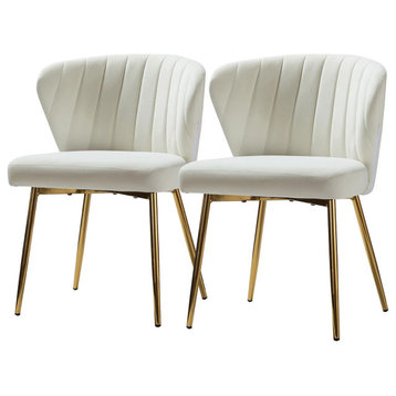 4 Pack Dining Chair, Elegant Gold Legs With Velvet Seat Channeled Back, Ivory
