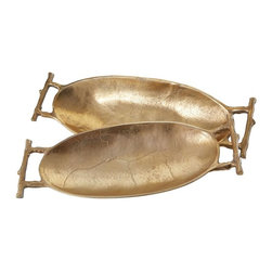Twig Handle Aluminum Decorative Trays in Gold (Set of 2) - Decorative Accents