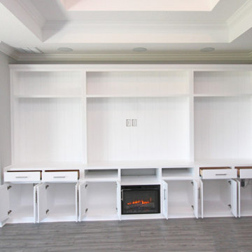 Custom Built-In Shaker Entertainment Center with Fireplace, Shiplap Backing