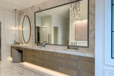 Huge trendy master white tile and porcelain tile porcelain tile, white floor, double-sink, coffered ceiling and wall paneling bathroom photo in Charlotte with recessed-panel cabinets, medium tone wood cabinets, white walls, an undermount sink, tile countertops, white countertops and a built-in vanity