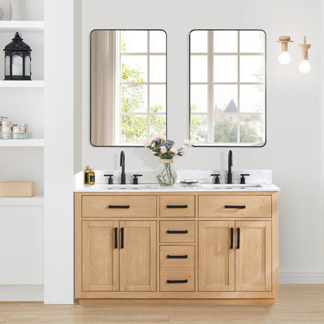 Gavino Vanity With Grain White Composite Stone Top, Light Brown/Matte Black, 60", With Mirror