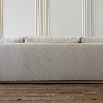 Mid-Century Modern Sofa Reupholstered in Natural Linen Blend Herringbone