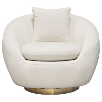 Celine Swivel Accent Chair, Light Cream Velvet With Brushed Gold Accent Band