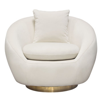 Celine Swivel Accent Chair, Light Cream Velvet With Brushed Gold Accent Band