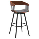 Armen Living - Athena 27" Swivel Walnut Wood Counter Stool Gray Faux Leather With Black Metal, 31 - Bring sophisticated style and comfort to your home with our Athena Upholstered Swivel Bar or Counter Stool. With bentwood construction, our bar stool features a stunningly streamlined and striking barrel back. Its sleek and eye-catching curves are complemented by an airy metallic frame and splayed legs for a stunning visual impact. An enveloping silhouette and padded seat promise a comfortable sit in a kitchen or lounge. Our barstool is available in both faux leather and high-performance fabric to best suit the daily wear and tear of your home. Expertly crafted from metal and engineered wood, the counter stool shows off a mixed material elegance to work well anywhere from your kitchen to a home office. It can complement a kitchen island, pub table, home bar, or adjustable desk, bringing a dose of style and comfort. Our modern bar stool comes with a wonderful 360-degree swivel with a smooth gliding system, allowing you to join conversations around the counter or work with ease and efficiency. The Athena swivel bar or counter stool easily incorporates into any home and is available in your choice of 27-inch or 31-inch seat height in a walnut wood finish with black, cream, and gray faux leather upholstery or a black wood finish with your choice of light gray or blue fabric or gray faux leather upholstery.