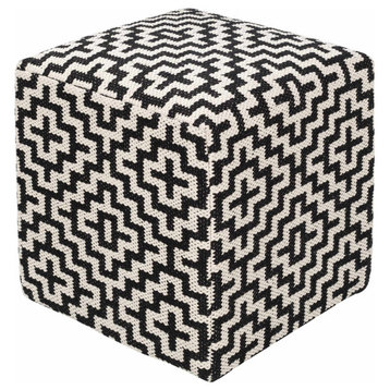 Hauteloom Ingraham Cotton Contemporary Square Pouf - Black, Ivory 18"Hx16"Wx16"D