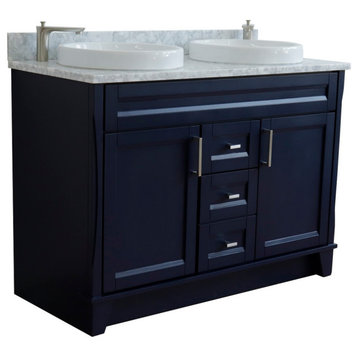 48" Double Sink Vanity, Blue Finish With White Carrara Marble And Round Sink