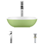 Rene - R11-5003-Sage Stone Composite Vessel Sink, Chrome, R9-7003 Faucet - The R11-5003-Sage stone composite square vessel sink graces the top a vanity with its elegant style and vibrant luxury. The spacious smooth basin and sleek curves introduce a contemporary yet classic ambience into the room. The combination of natural minerals and polyurethane perfectly blend into a beautiful structure and make up the stone composite material. The striking color and texture featured on the exterior of the sink provide an edgy touch into the overall design. This sink measures at 15" x 15" x 4 3/8" and an 18" minimum cabinet size is required. The R9-7003-C is a tall, vessel-style faucet soundly constructed of premium-quality, solid brass components. Its design is angular with crisp edges and a chrome finish. Water temperature and pressure is controlled by the extended, swivel handle. Ceramic disc cartridges assure dependability. With a simple press to its handsome, chrome dome, the included, spring-loaded, vessel pop-up drain can be opened or closed.