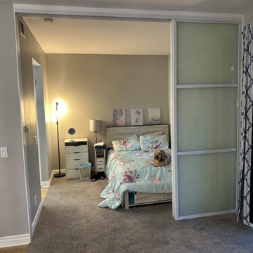 Top Hung Room Dividers White Frame White Laminated Glass 3 panel / 3 track.
