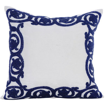 White Turkish Floral Border 14x14 Silk Decorative Pillow Cover, Turkish Border