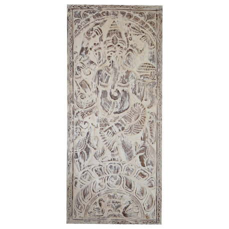 Consigned Ganesha on Lotus Zen Wall Sculpture Vintage Wood Whitewashed Barn Door