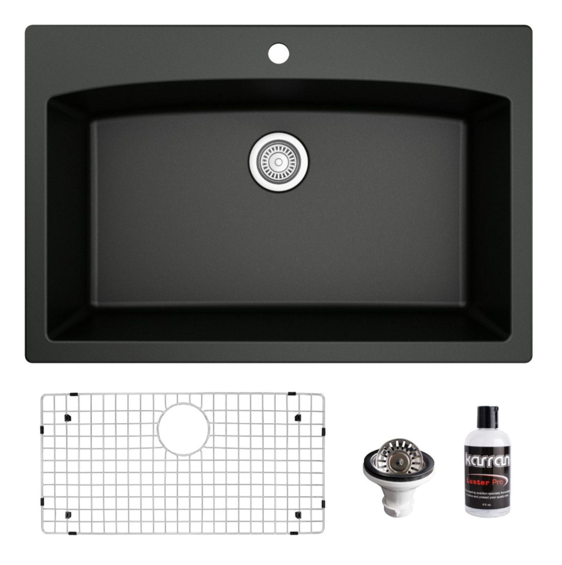 Karran Drop-In Quartz Composite 33" 1-Hole Single Bowl Kitchen Sink Kit, Black