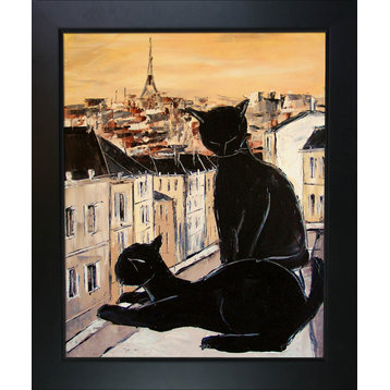 ArtistBe Black Cat and His Pretty on Paris Roofs with Frame, 16 X 20, New Age Wo