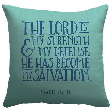 "Psalm 118:14 - Scripture Art in Blue and Teal" Outdoor Pillow 20"x20"