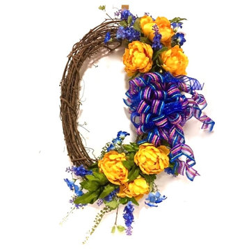 Spring Wreath OVAL Yellow Gold Peony Blue Floral In/Outdoor Silk Floral Wreath