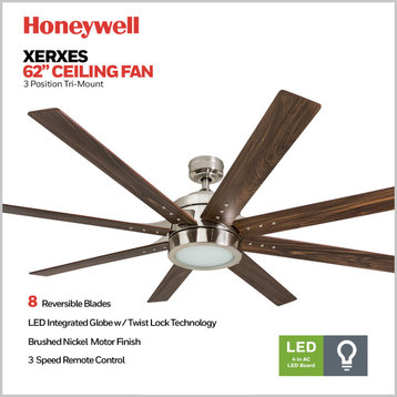 Honeywell Xerxes Modern Ceiling Fan With Light and Remote, 62", Brushed Nickel