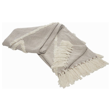 Tufted Geometric Beige and Cream Throw Blanket With Fringe
