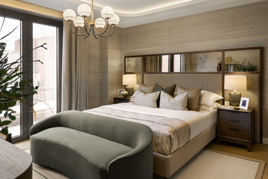 Inspiration for a contemporary bedroom in London with beige walls, medium hardwood flooring, brown floors, wallpapered walls and a drop ceiling.