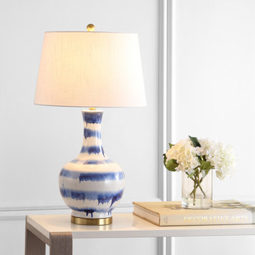 Tucker 30.5" Striped Ceramic and Metal LED Table Lamp, Blue, White