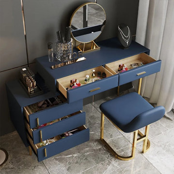 Modern Blue Makeup Vanity Set Retracted Dressing Table 5 Drawers Cabinet & Stool
