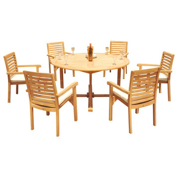 7-Piece Outdoor Teak Dining Set: 60" Round Table, 6 Hari Stacking Arm Chairs