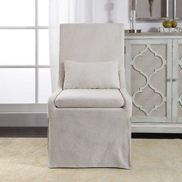 Elegant Soft White Linen Accent Dining Chair Neutral Plush Cushion Pillow Back